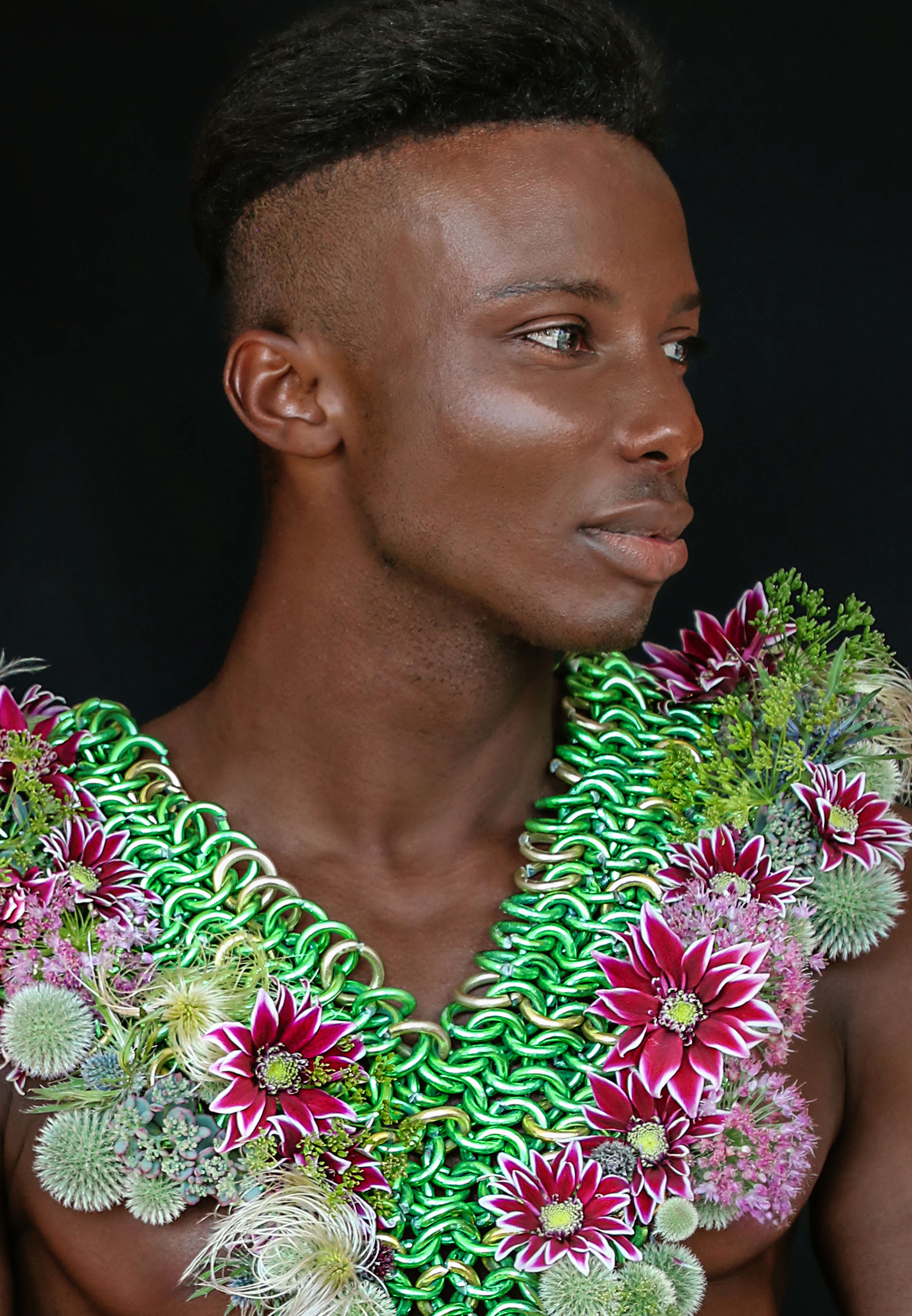 Man with floral neckline